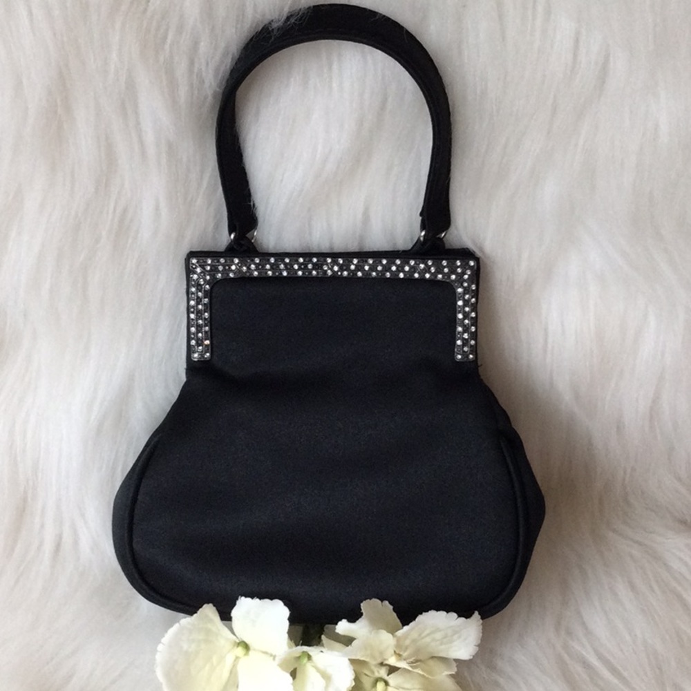 Lord & Taylor Black Satin Rhinestone Trim Evening Clutch